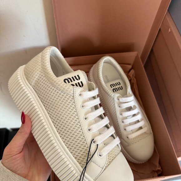 NWT Miu Miu Platform Low-Top Sneakers White Mesh Lace-Up Sz 39 - Picture 4 of 8